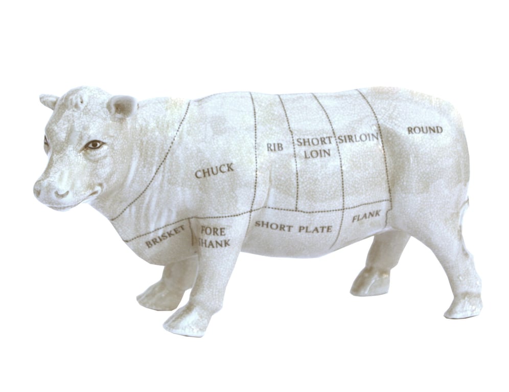 Ceramic Cow Ornament - Meat Cut Design, Aged Crackle Finish, 29cm Kitchen Decoration