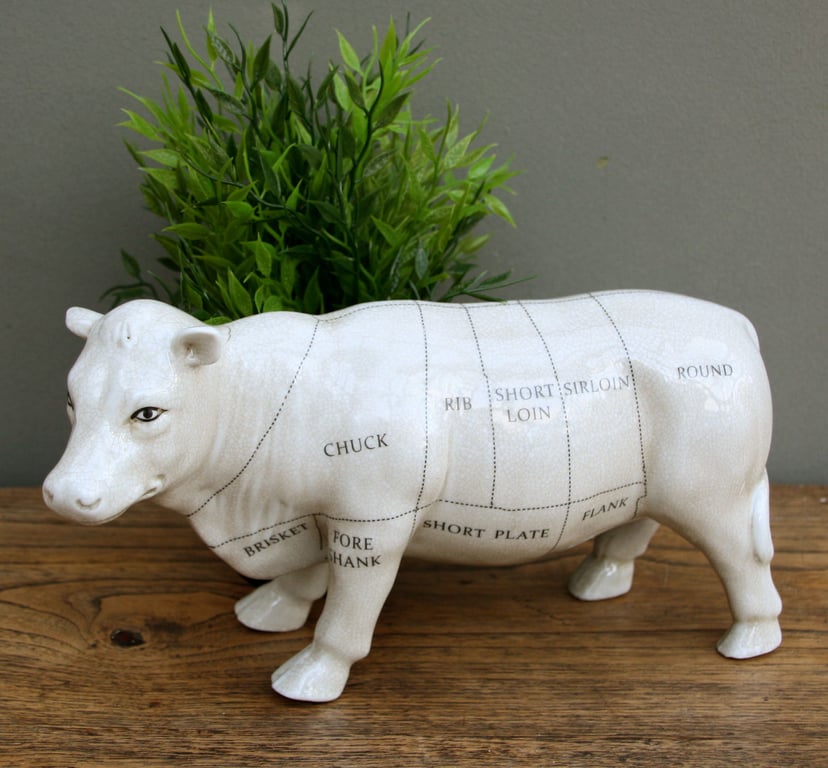 Ceramic Cow Ornament - Meat Cut Design, Aged Crackle Finish, 29cm Kitchen Decoration