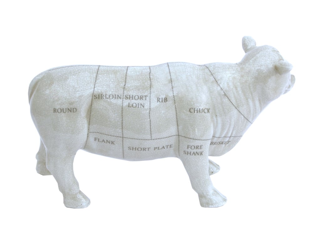 Ceramic Cow Ornament - Meat Cut Design, Aged Crackle Finish, 29cm Kitchen Decoration