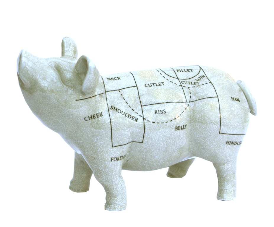 Ceramic Pig Ornament - Meat Cut Decoration with Aged Crackle Finish