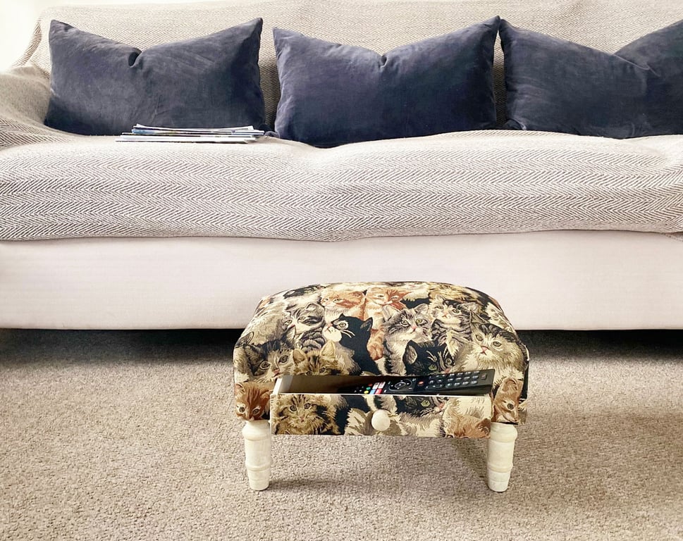 Cat Fabric Footstool with Drawer - Sturdy Storage Footrest for Home Decor