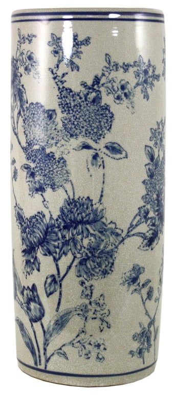 Vintage Blue & White Magnolia Ceramic Umbrella Stand - Distressed Design, Modern Home Decor
