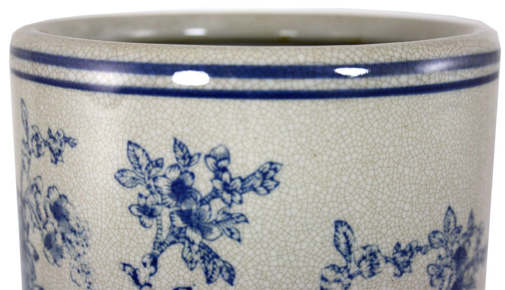 Vintage Blue & White Magnolia Ceramic Umbrella Stand - Distressed Design, Modern Home Decor