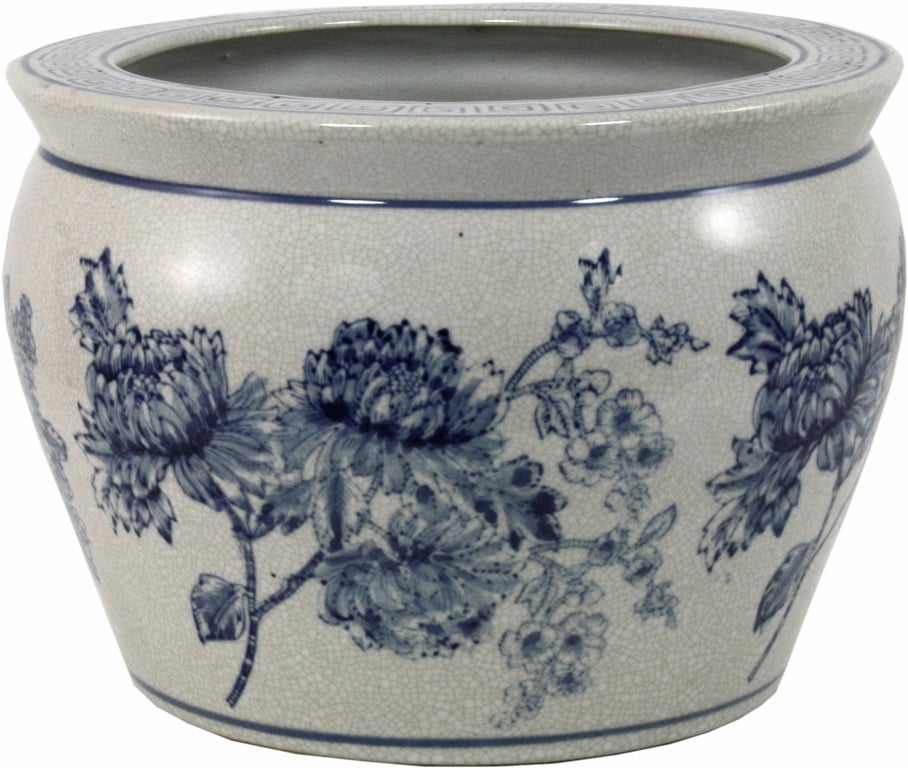 Ceramic Vintage Blue & White Magnolia Planter - Frost Resistant Garden Decor