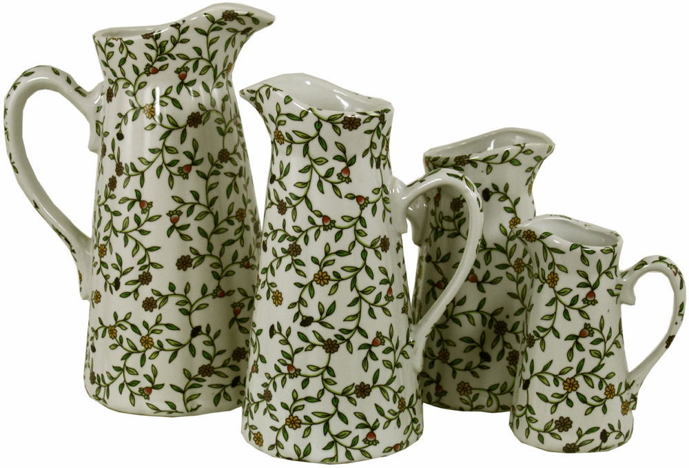 Vintage Green & White Floral Design Ceramic Jugs Set - Home Decor