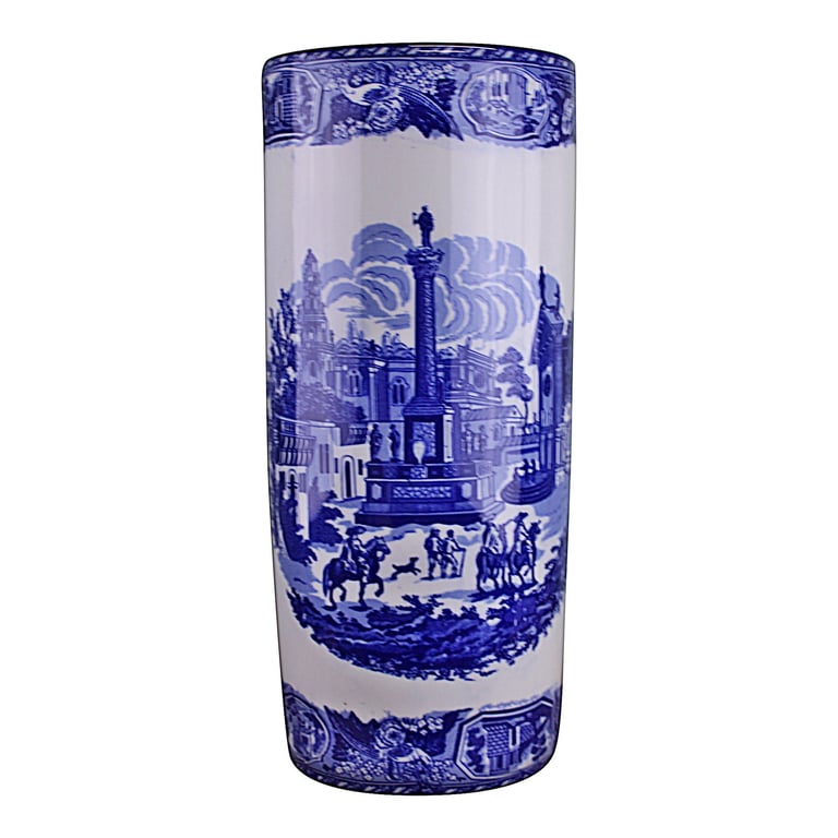 Vintage Blue & White Townscape Glazed Ceramic Umbrella Stand