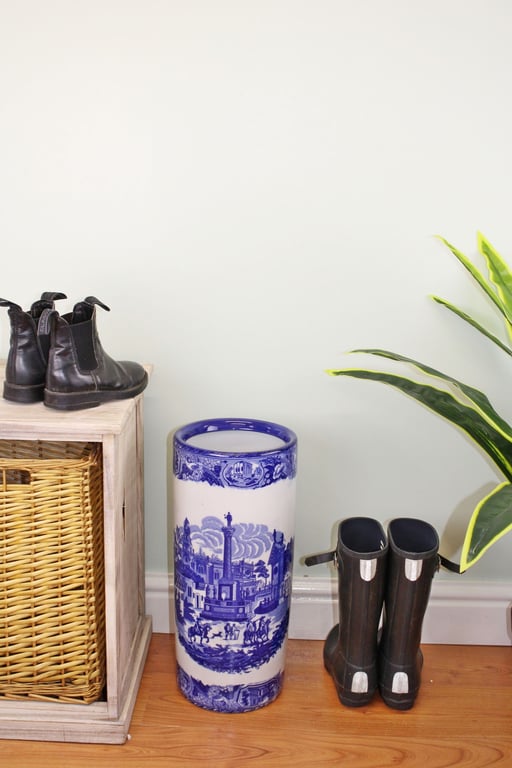 Vintage Blue & White Townscape Glazed Ceramic Umbrella Stand