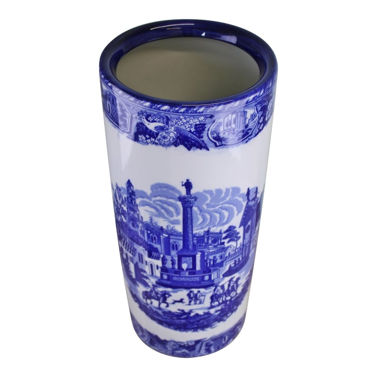 Vintage Blue & White Townscape Glazed Ceramic Umbrella Stand