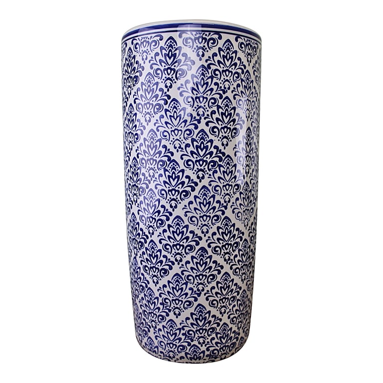 Vintage Blue & White Glazed Ceramic Umbrella Stand - Distressed Home Decor