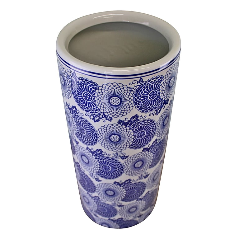 Vintage Blue & White Marigold Glazed Ceramic Umbrella Stand - Distressed Home Decoration