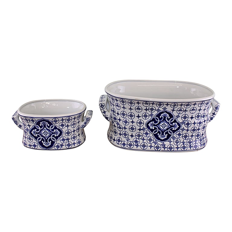 Ceramic Footbath Planters Set - Vintage Blue & White Circular Design Home Decor