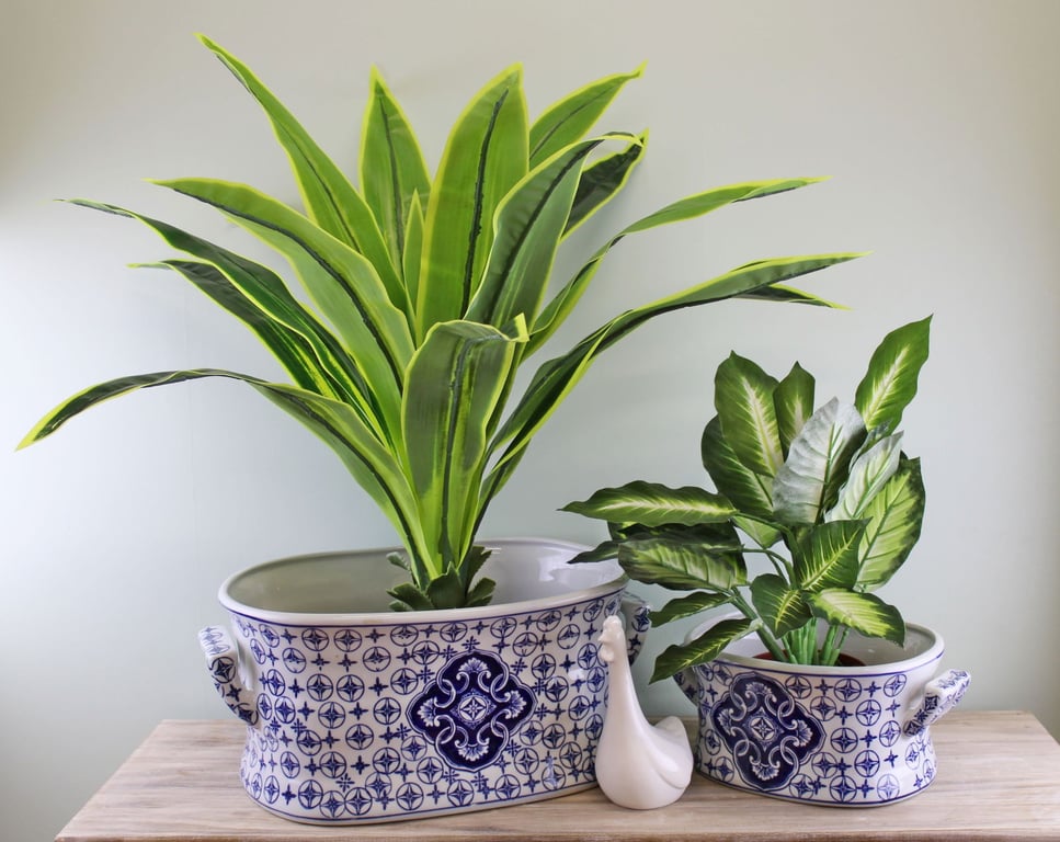 Ceramic Footbath Planters Set - Vintage Blue & White Circular Design Home Decor