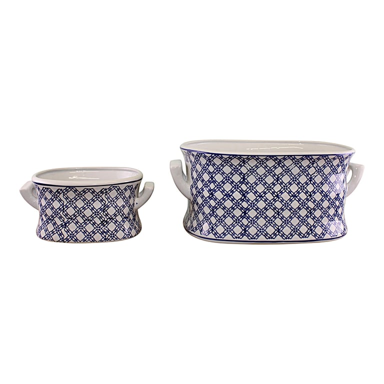 Vintage Blue & White Geometric Ceramic Footbath Planters Set of 2