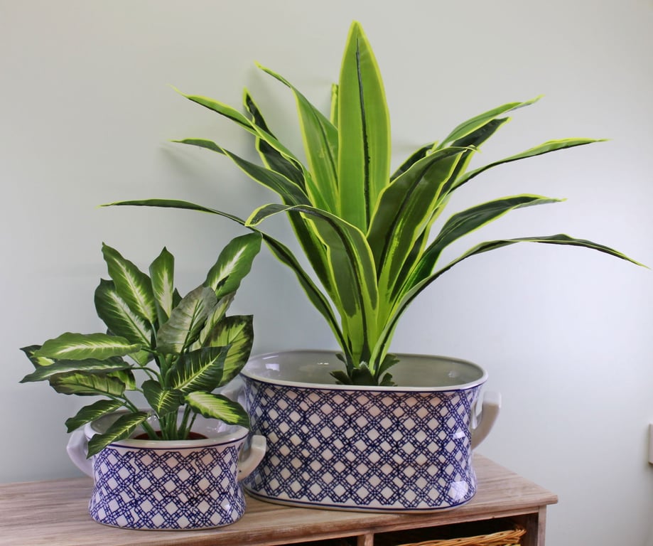 Vintage Blue & White Geometric Ceramic Footbath Planters Set of 2