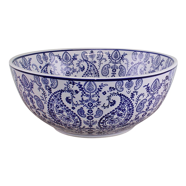 Large Vintage Blue & White Paisley Ceramic Bowl