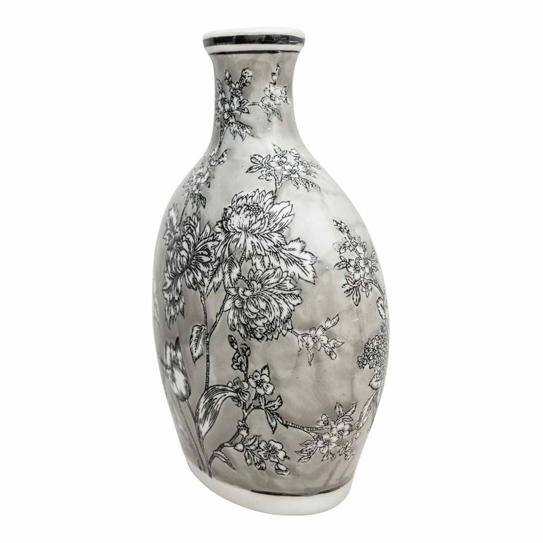 Grey & White Peony Floral Bottle Vase - Elegant Home Decor Accent