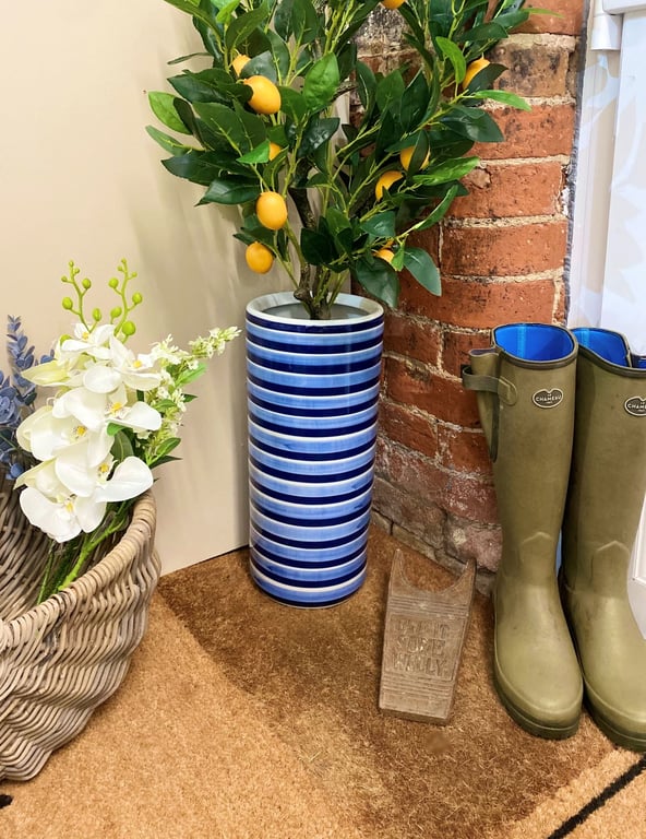 Blue and White Horizontal Striped Ceramic Umbrella Stand - 15cm Internal Diameter Holder