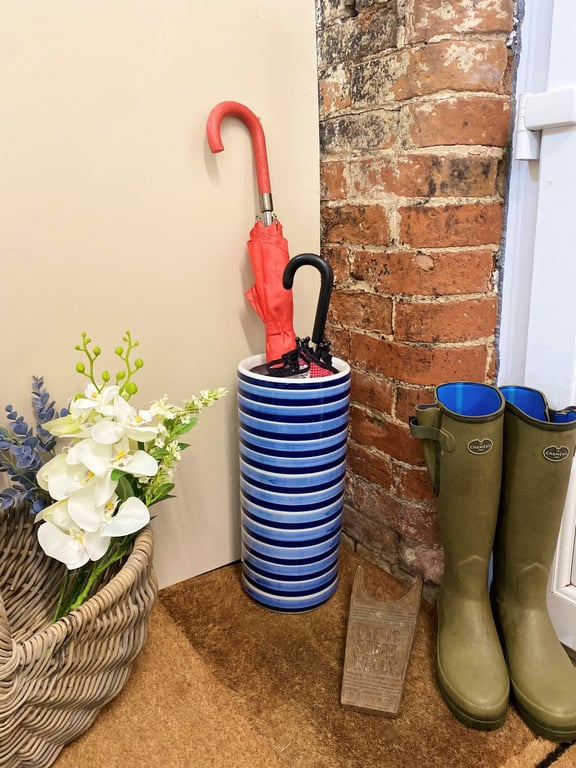 Blue and White Horizontal Striped Ceramic Umbrella Stand - 15cm Internal Diameter Holder