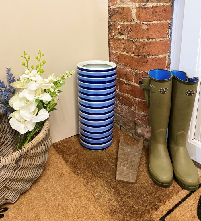 Blue and White Horizontal Striped Ceramic Umbrella Stand - 15cm Internal Diameter Holder