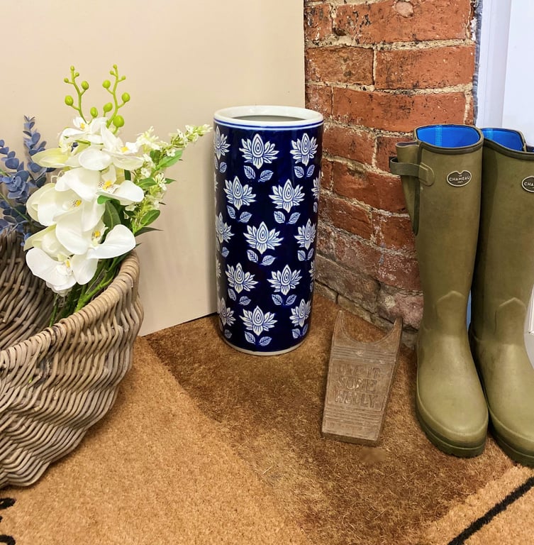 Blue White Flower Ceramic Umbrella Stand - Hallway Organizer and Indoor Storage