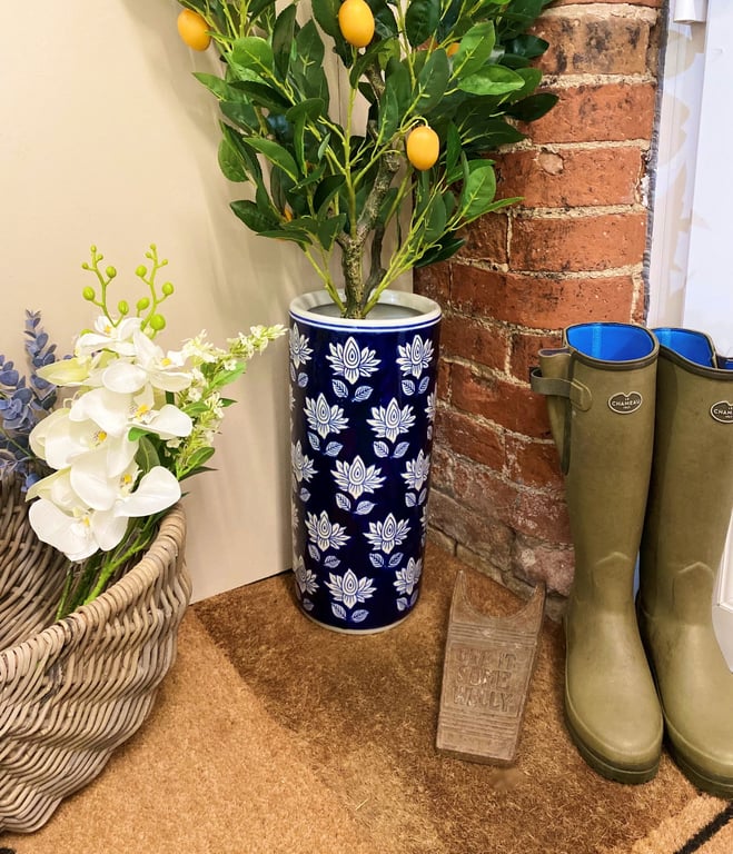 Blue White Flower Ceramic Umbrella Stand - Hallway Organizer and Indoor Storage