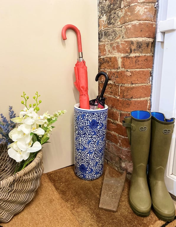 White Floral Print Ceramic Umbrella Stand for Home Organization and Hallway Decor
