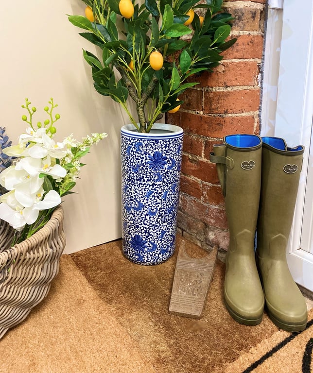 White Floral Print Ceramic Umbrella Stand for Home Organization and Hallway Decor
