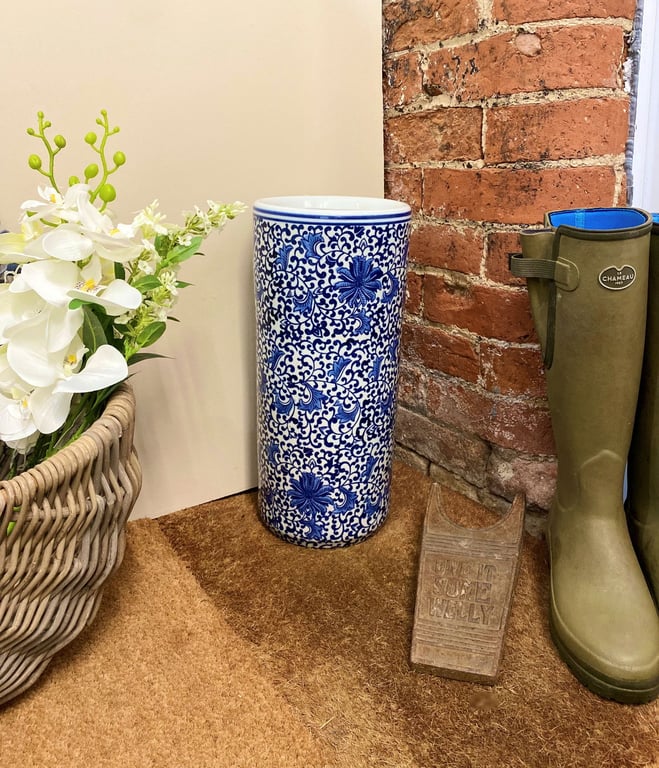 White Floral Print Ceramic Umbrella Stand for Home Organization and Hallway Decor
