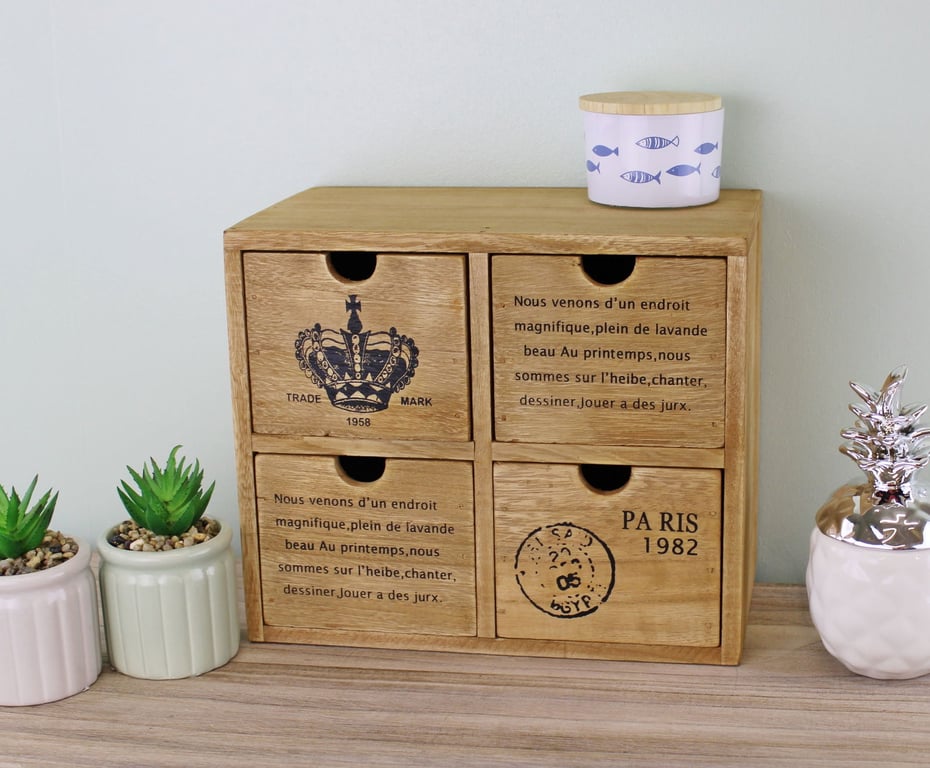 Rustic 4 Drawer Storage Unit - Wooden Desk Drawers for Home Organization and Trinket Storage