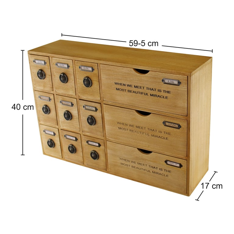 Rustic 12 Drawer Storage Unit - Wooden Drawers with Metal Handles and Label Space
