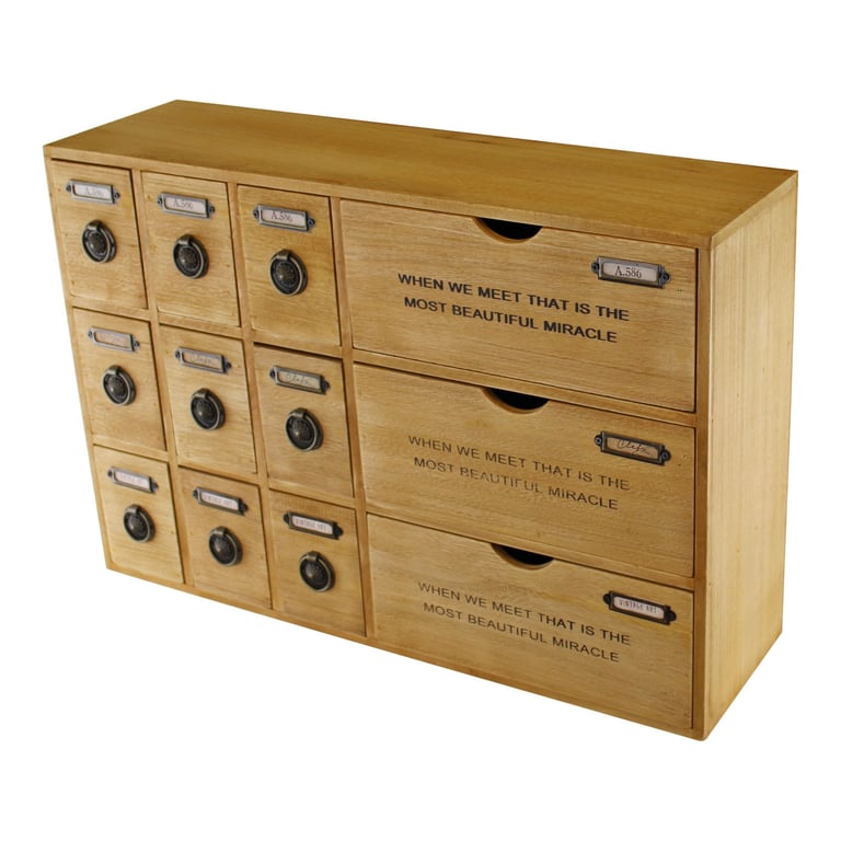 Rustic 12 Drawer Storage Unit - Wooden Drawers with Metal Handles and Label Space