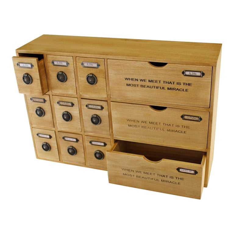 Rustic 12 Drawer Storage Unit - Wooden Drawers with Metal Handles and Label Space