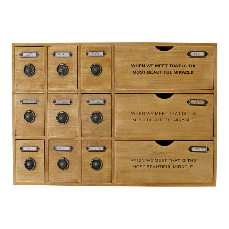 Rustic 12 Drawer Storage Unit - Wooden Drawers with Metal Handles and Label Space