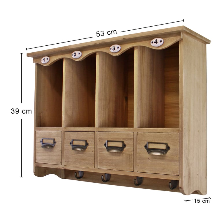 Wooden Wall Hanging Storage Unit - 4 Cubby Holes, 4 Drawers and Coat Hooks for Family Organizer
