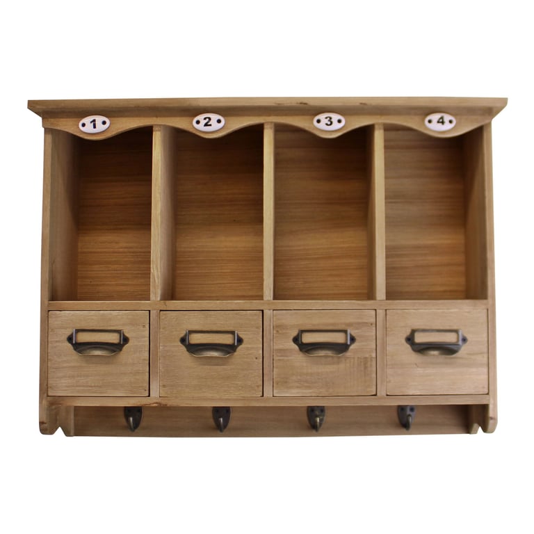 Wooden Wall Hanging Storage Unit - 4 Cubby Holes, 4 Drawers and Coat Hooks for Family Organizer
