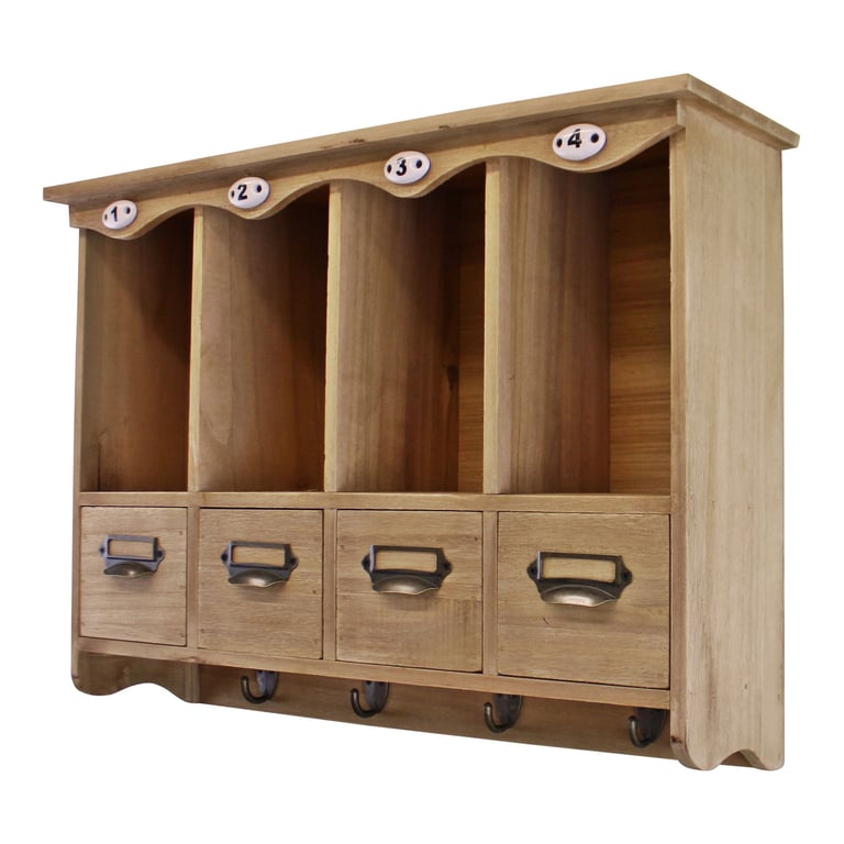 Wooden Wall Hanging Storage Unit - 4 Cubby Holes, 4 Drawers and Coat Hooks for Family Organizer