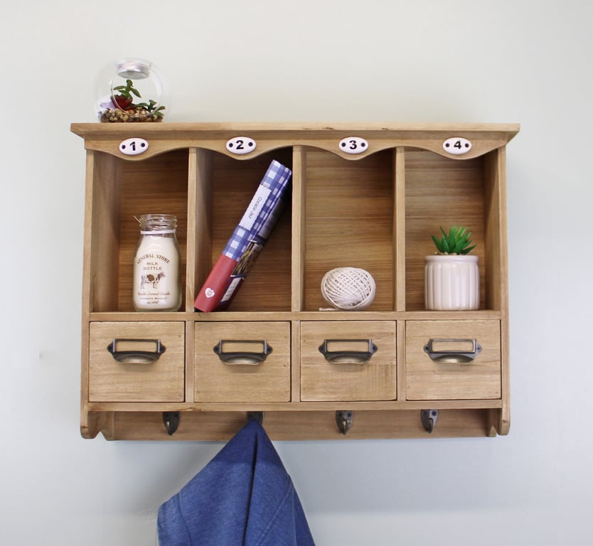 Wooden Wall Hanging Storage Unit - 4 Cubby Holes, 4 Drawers and Coat Hooks for Family Organizer