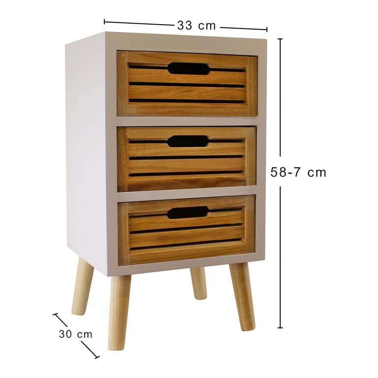 White 3 Drawer Unit with Natural Wooden Drawers and Removable Legs - Home Storage Solution