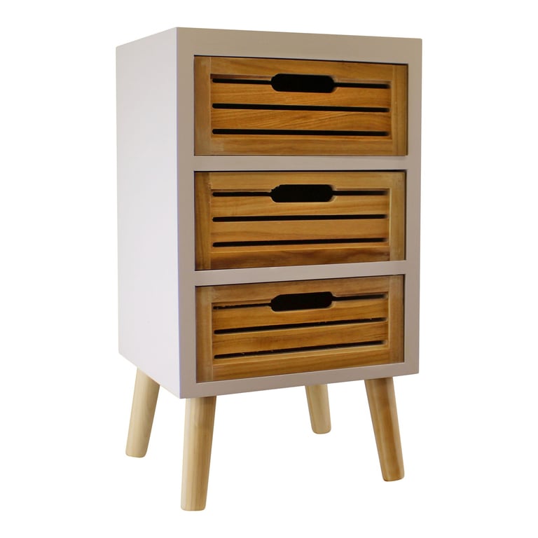 White 3 Drawer Unit with Natural Wooden Drawers and Removable Legs - Home Storage Solution
