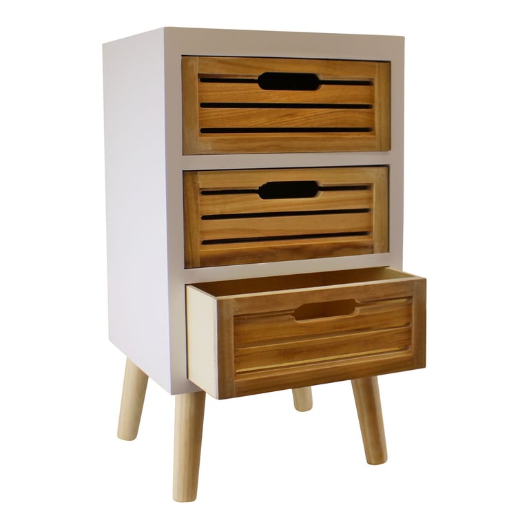 White 3 Drawer Unit with Natural Wooden Drawers and Removable Legs - Home Storage Solution