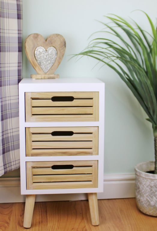 White 3 Drawer Unit with Natural Wooden Drawers and Removable Legs - Home Storage Solution