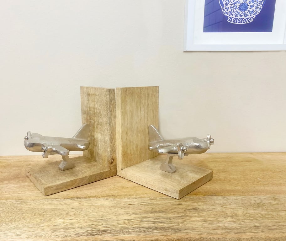 Wooden Aeroplane Bookends - Moving Propeller Decor with Felt Base