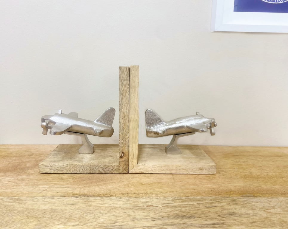 Wooden Aeroplane Bookends - Moving Propeller Decor with Felt Base