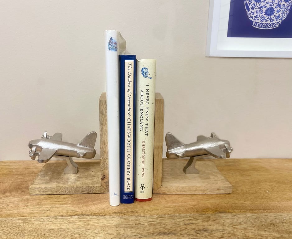 Wooden Aeroplane Bookends - Moving Propeller Decor with Felt Base