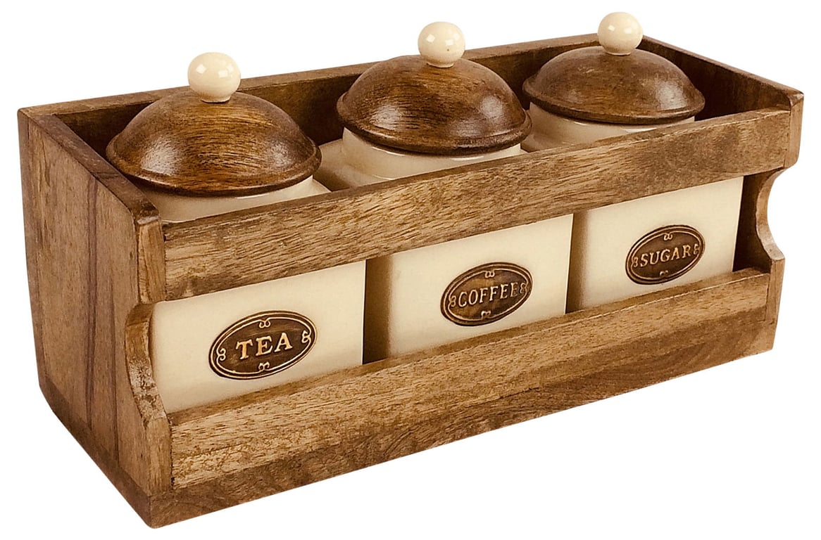 Wooden Rack with Air Tight Ceramic Tea Coffee Sugar Storage Jars