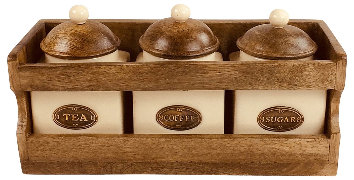 Wooden Rack with Air Tight Ceramic Tea Coffee Sugar Storage Jars
