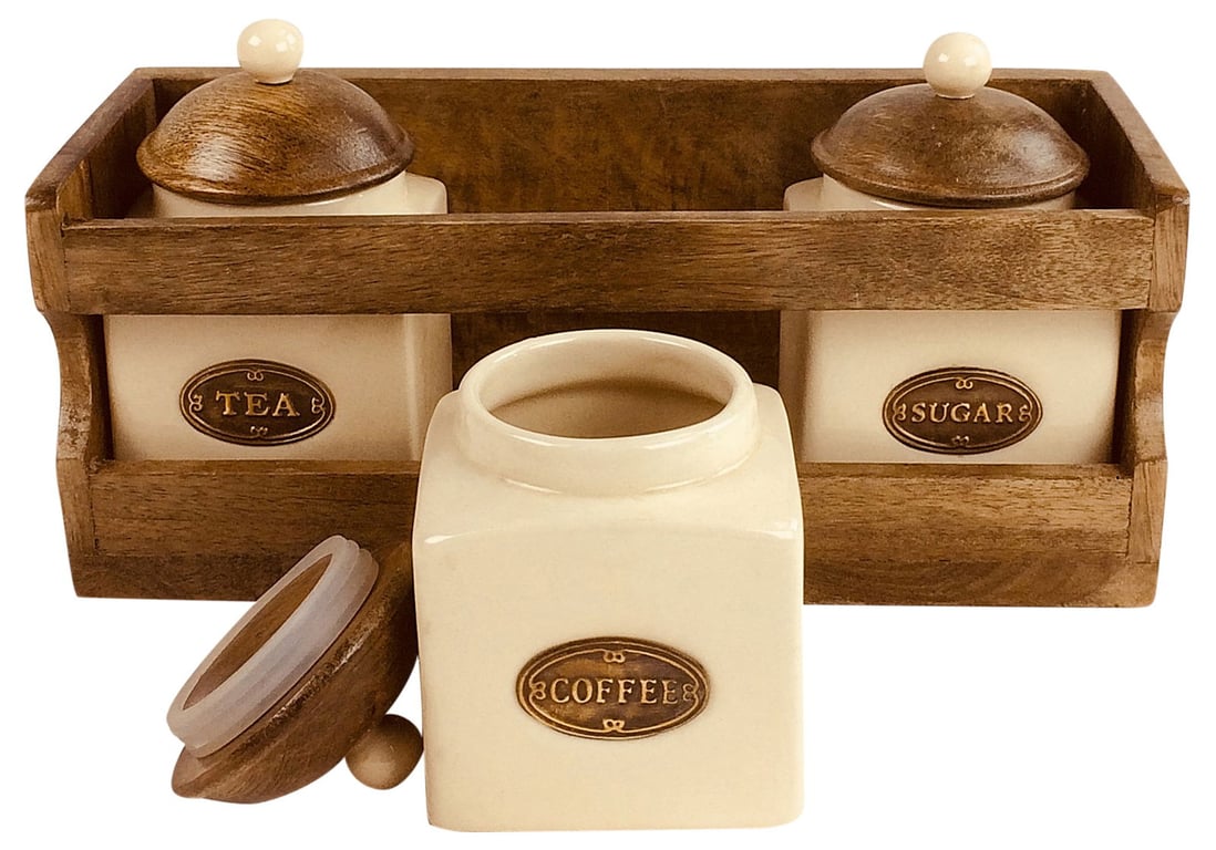 Wooden Rack with Air Tight Ceramic Tea Coffee Sugar Storage Jars