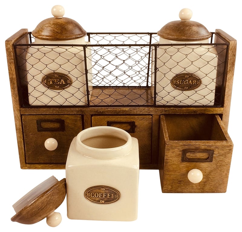 Wooden Cabinet With Drawer Storage & 3 Ceramic Jars - Kitchen Organizer