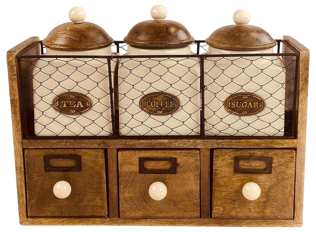 Wooden Cabinet With Drawer Storage & 3 Ceramic Jars - Kitchen Organizer