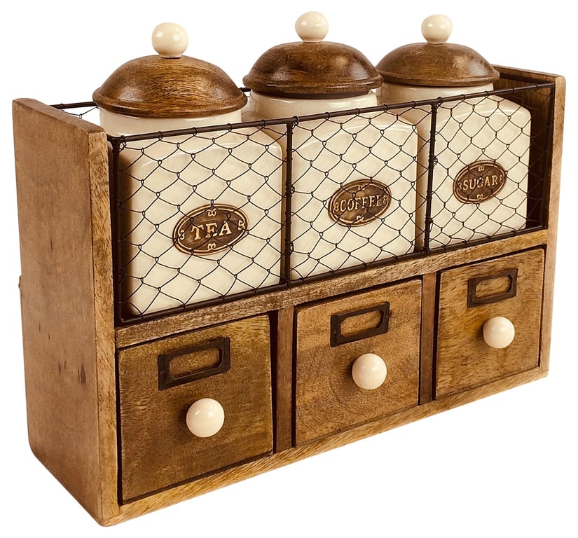 Wooden Cabinet With Drawer Storage & 3 Ceramic Jars - Kitchen Organizer